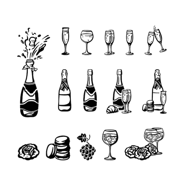 Set of silhouettes with champagne glasses of wine illustration