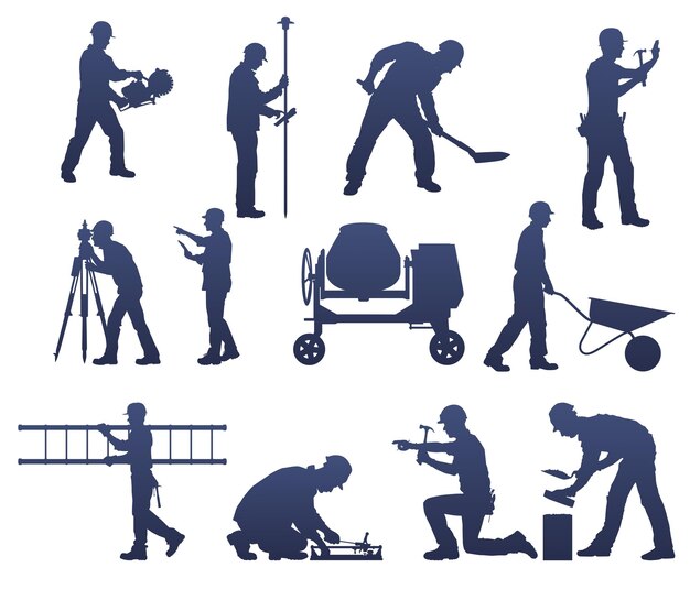 Vector set of silhouettes of working builders