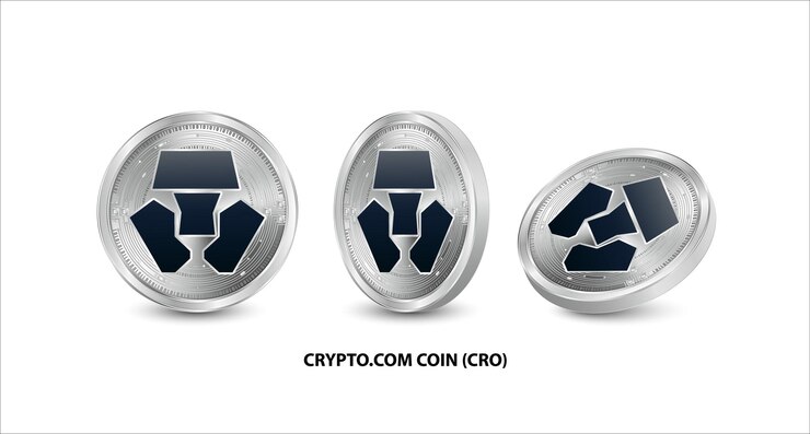Set of silver Cryptocom Coin CRO Digital currency Cryptocurrency isolated on white background.