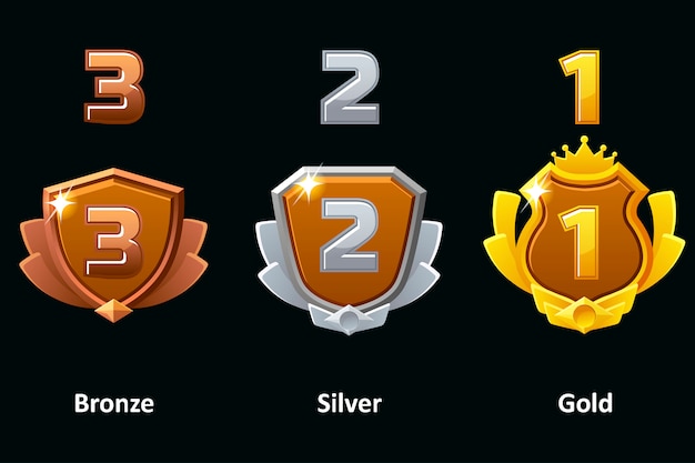 Vector set silver, gold and bronze shield. awards achievement icons .   elements for logo, label, game an app .