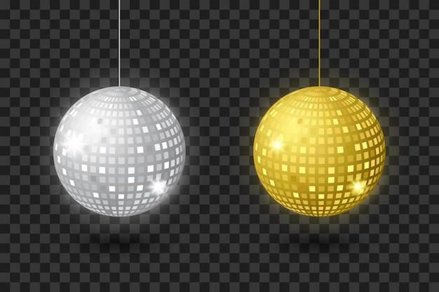 Vettore metta le palle da discoteca d'argento e dorate isolate sull'illustrazione di vettore della decorazione del partito del fondo
