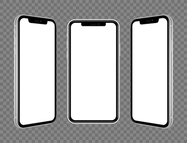透明な背景の正面図と側面図のベクトル図に分離された銀の携帯電話のモックアップのセット
