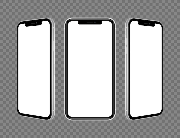 Set of silver mobile phones mockups isolated on transparent background front and side view vector illustration