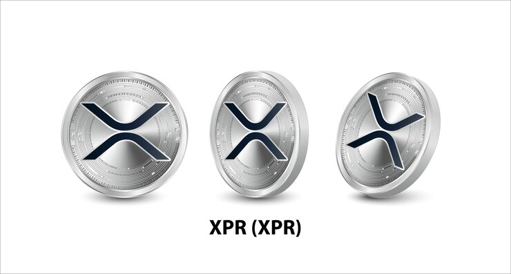 Set of silver XRP (XRP) coin Digital currency Cryptocurrency Silver coins symbol white background.