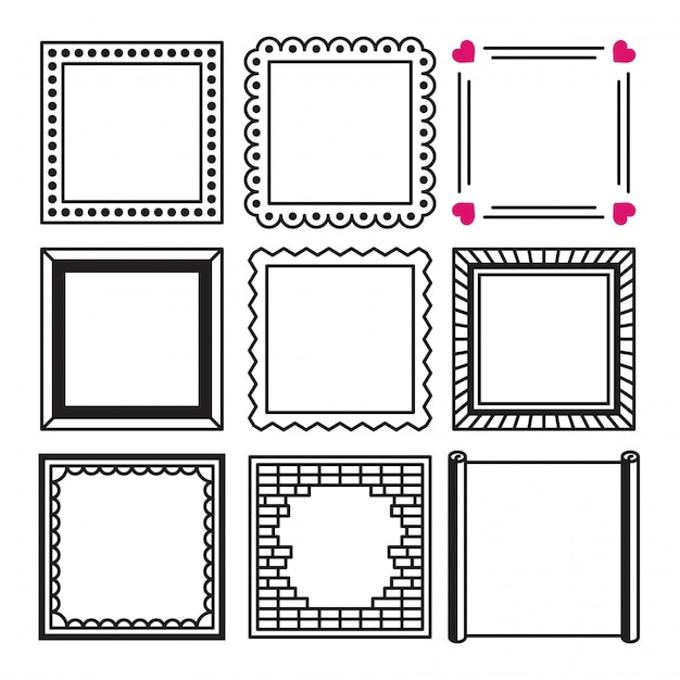 Set of simple black squares frame and border illustration in doodle sketch style.