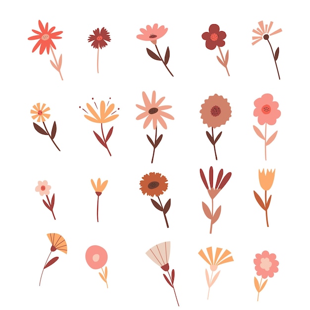 A set of simple colors in boho colors Botanical design elements Flat vector illustrations isolated on a white background