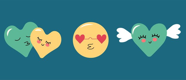 Set of simple coloured round and heart-shaped emoticons with eat and wings for valentine day, wedding, holiday, birthday, party. vector flat illustration on blue background