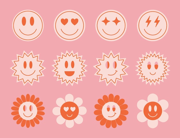 Set of simple cute hipster smile stickers Trendy retro abstract patches