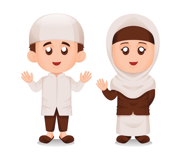 シンプルなかわいいイスラム教徒またはイスラム教徒の子供男の子と女の子の笑顔と手を振るイラストの概念のセット