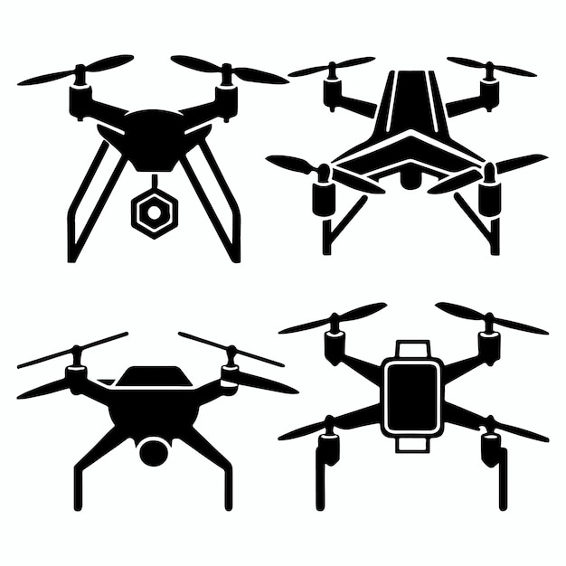 set of simple Different types of Drone with camera silhouette and Drone icon