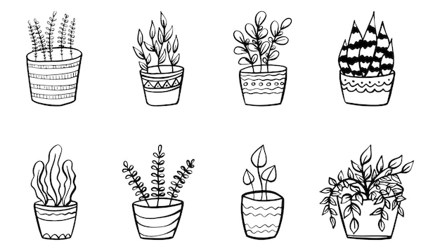 Set of simple doodle vector houseplants and flowers in pots vector flat illustration