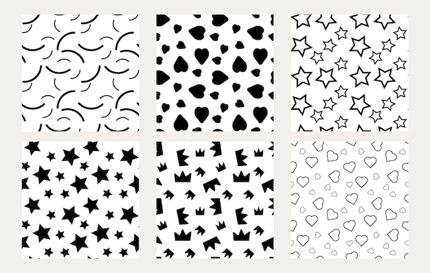 A set of simple drawn black and white patterns Seamless patterns from abstract shapes