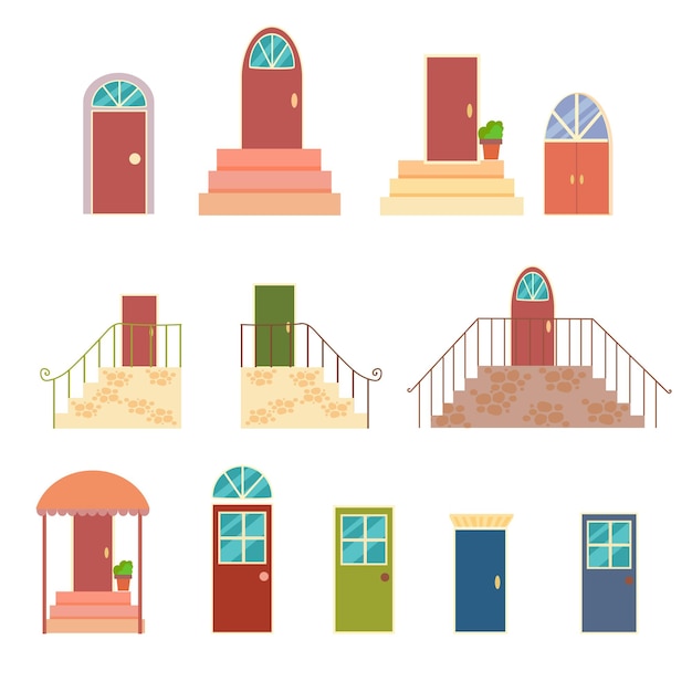 シンプルな玄関または室内ドアのセット家のインテリアの一部家のポーチ白い背景で隔離のベクトルイラスト漫画スタイル