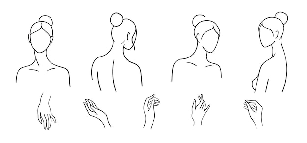 Set of simple female heads and hands drawn by line. Women minimalistic contour portraits