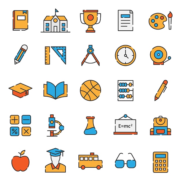 Vector set of simple filled line education icon