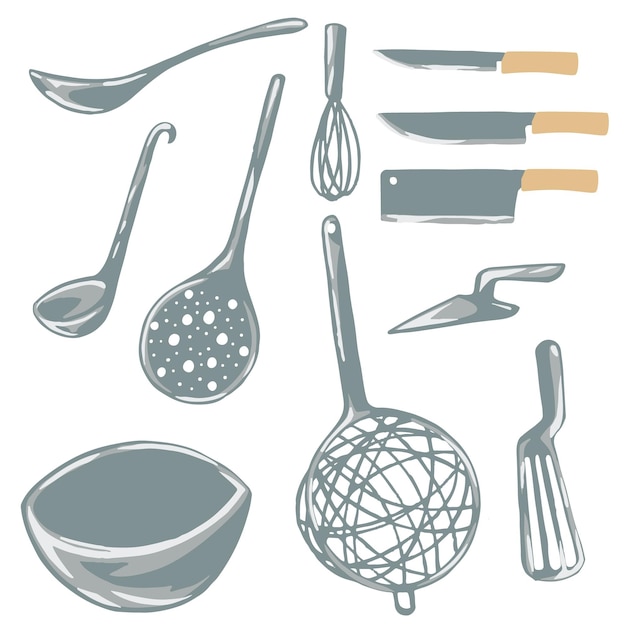 Набор простых плоских кухонных металлических иконок векторной иллюстрации на белом фоне