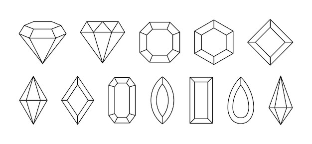 Set of simple geometric gem stones. jewelry crystals shapes in linear style.