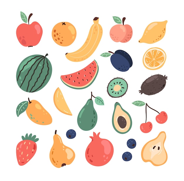 Vector set of simple hand drawn doodle fruits and berry isolated