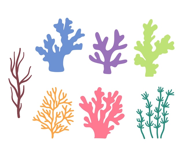 Set of simple icons of different sea corals and seaweed