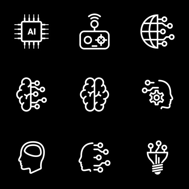 Set of simple icons on a theme Artificial intellect mind technology vector set Black background