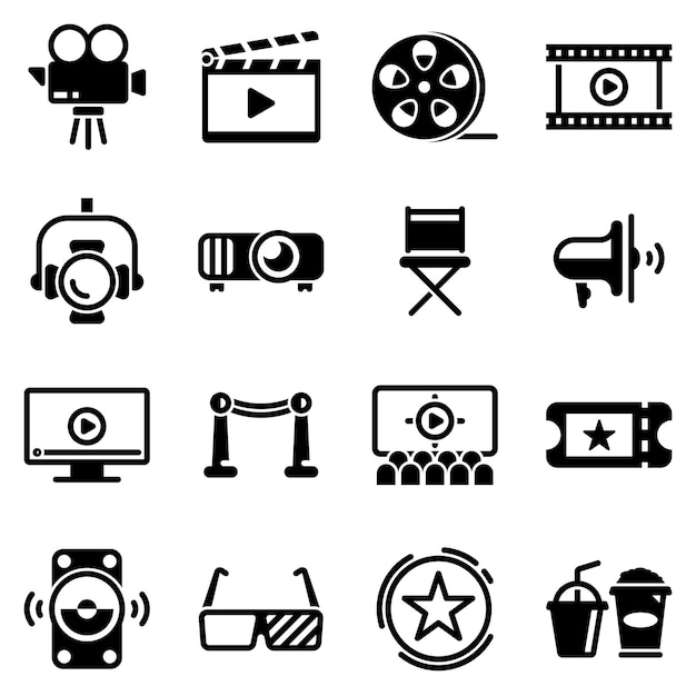 シンプルなアイコンをテーマにしたセット 映画 劇場 楽 音声 モニター 名声 街道 照明 ベクトル デザイン フラット サイン シンボル オブジェクト 白い背景に隔離された黒いアイコン
