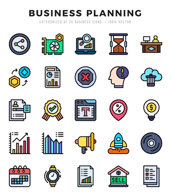 Vector set of simple lineal color business planning icons lineal color art icons pack