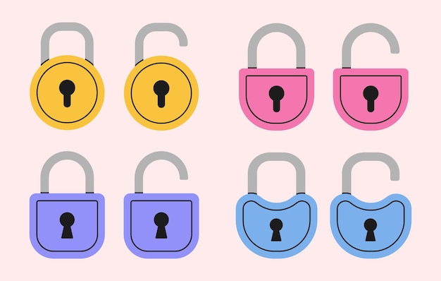 Vector set of simple minimal locked and unlocked padlocks with keyhole. flat security symbol.