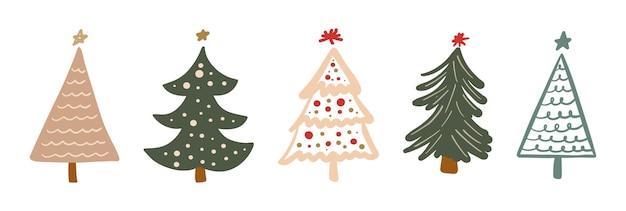 Set of simple minimalist Christmas tree hand drawn childish doodle Festive New Year collection