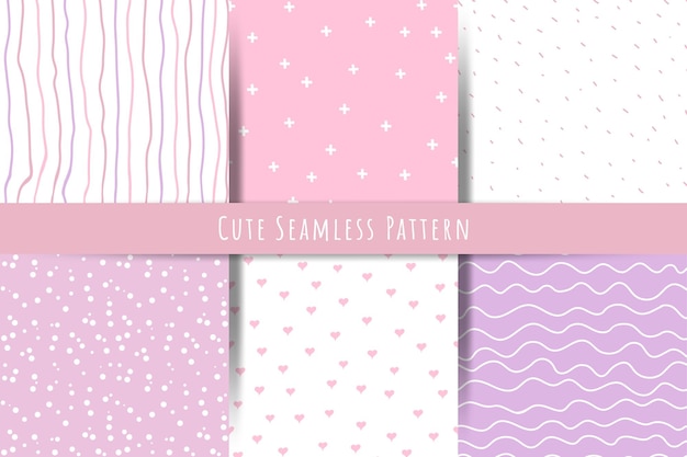 A set of simple minimalistic summer spring seamless patterns Gentle ornaments with lines drops hearts shapes for prints wallpapers textiles seamless geometric backgrounds