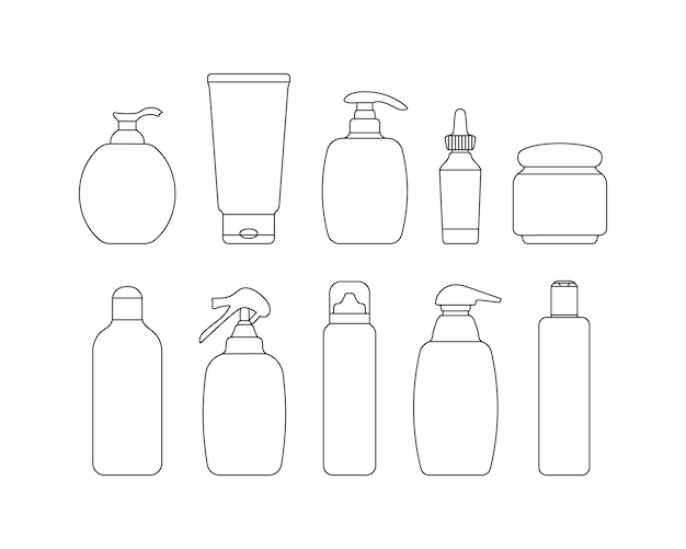Set of simple outline cosmetic bottles, tube, jar  in minimalistic style