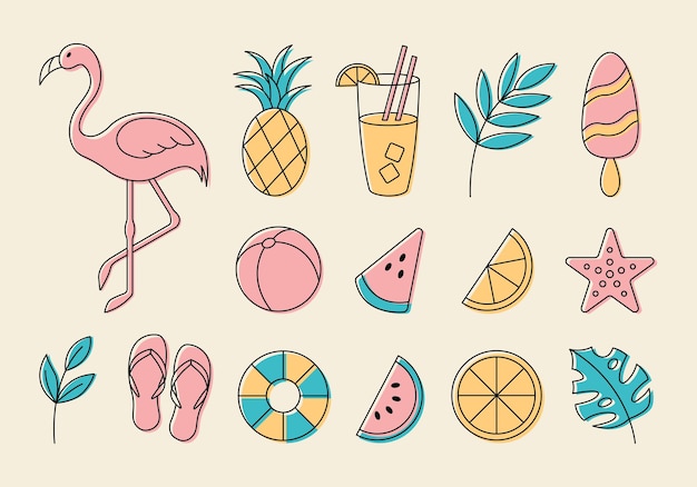 Set of simple outline cute summer elements Flamingo watermelon pineapple lemon cocktail
