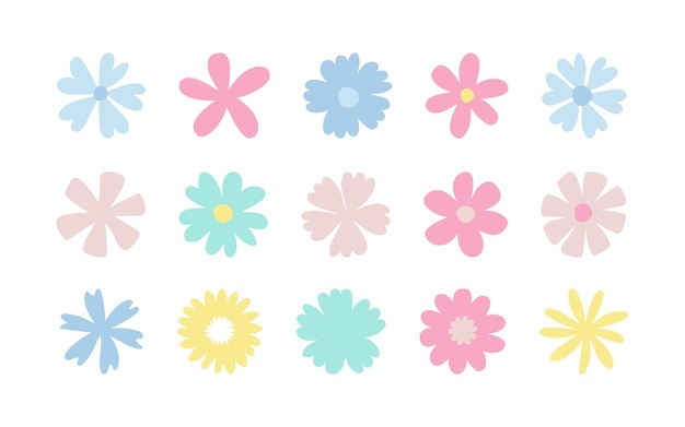 Set of simple pastel flat flowers icons for decoration postcards and invitations for holidays