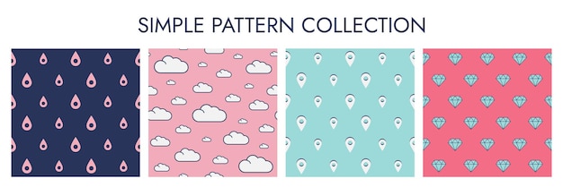 Set of simple patterns of symbols drop cloud diamond and pin symmetrical minimal seamless patterns