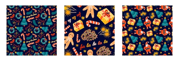 Набор простых бесшовных узоров с рождественскими каракулями Симпатичный принт с нарисованным вручную зимним клипартом Симпатичный принт обоев для дизайна ткани с символикой Рождества и Нового года Креативный фон