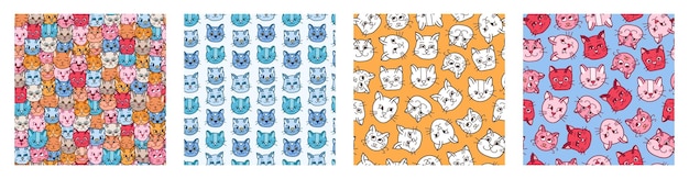 Set of simple seamless pattern with doodle of cat's faces close up with different emotions