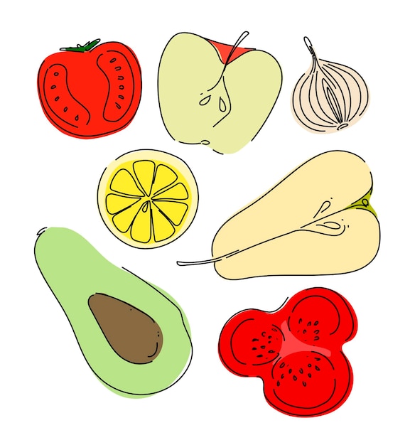 A set of simple stylized fruits and vegetables