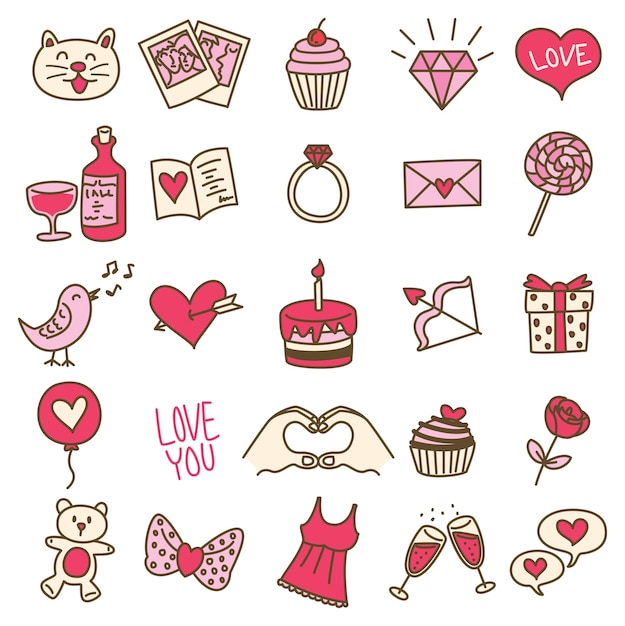 Set of simple valentine icon in doodle style