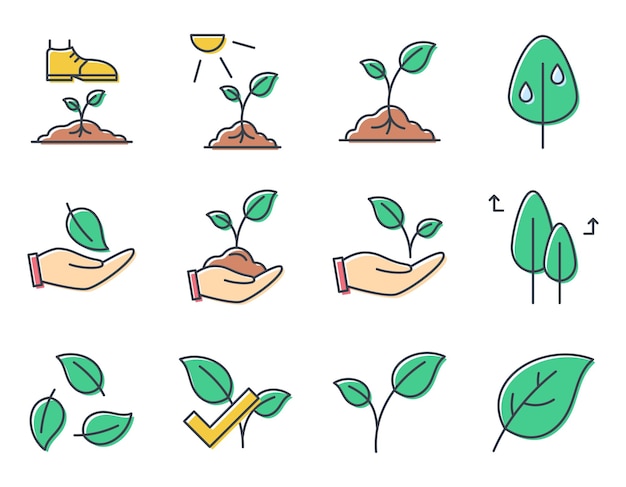 Set of simple vector icons Twigs with Leaves Growth and conservation of the environment