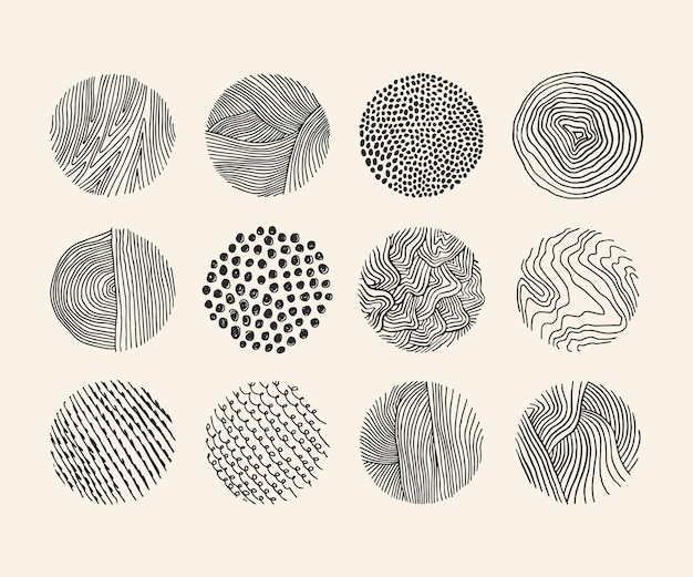 Set of simple vector illustrations of various round shaped elements with wavy thin lines and dots