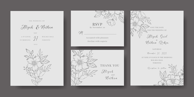 Vector set of simple wedding invitation card with hand drawn flowers arrangement