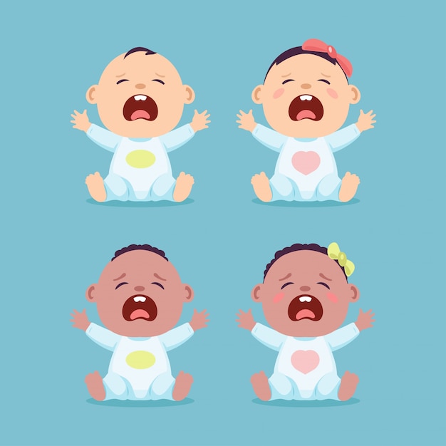 Set of sitting and crying little caucasian baby and black baby, baby boy and baby girl