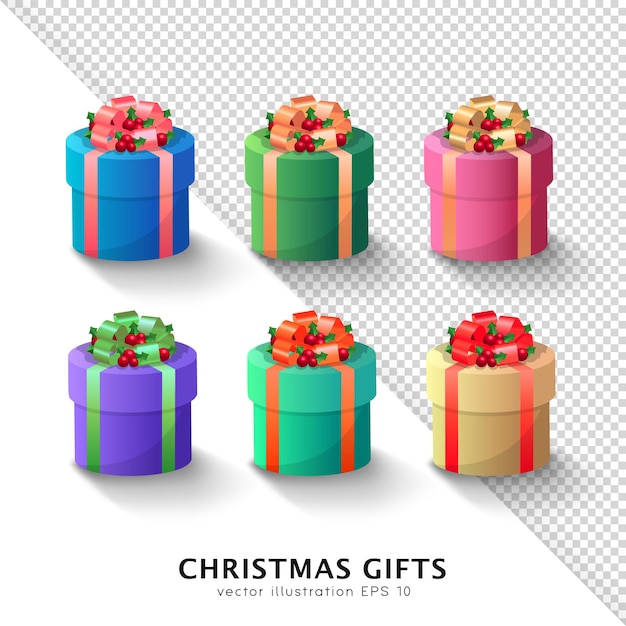 Set of six 3d colorful christmas cylinder gift boxes with holly berries and bows. closed 3d presents