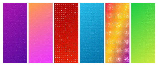 Set of six abstract gradient geometric backgrounds with squares Pixel backgrounds with empty space Vector illustration