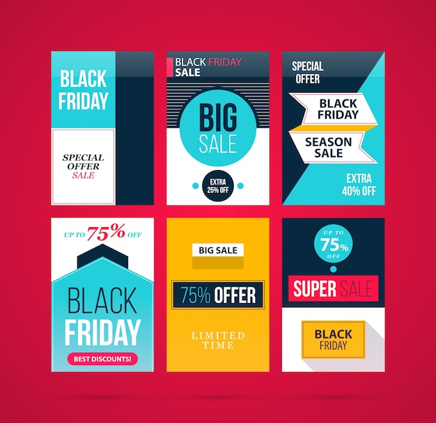 Vector set of six black friday banners/posters in modern flat style on vibrant red background