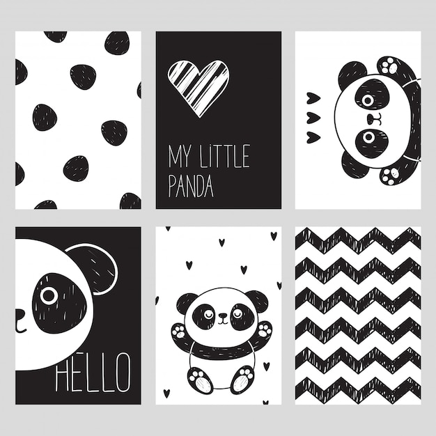 A set of six black and white cards with a cute panda. My little panda. Hello. Scandinavian style.