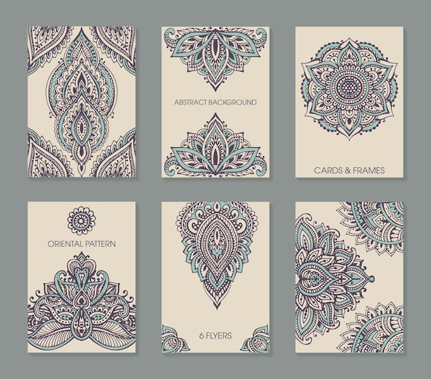 Set di sei carte o volantini con ornamento mehndi henné astratto.