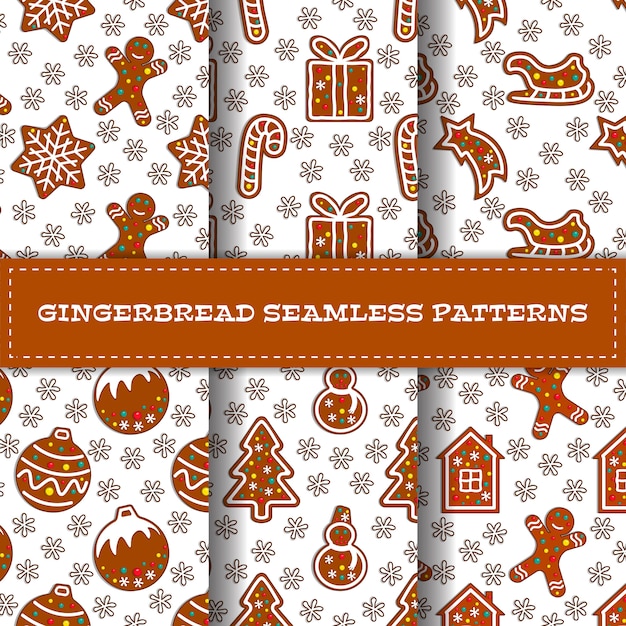 Set of six cartoon gingerbread seamless pattern set