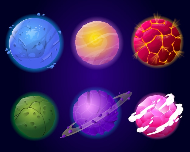 Vector set of six cartoon planets on space background