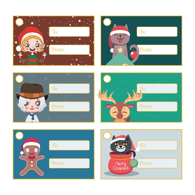 다양한 축제 캐릭터가 있는 6개의 크리스마스 선물 태그 세트