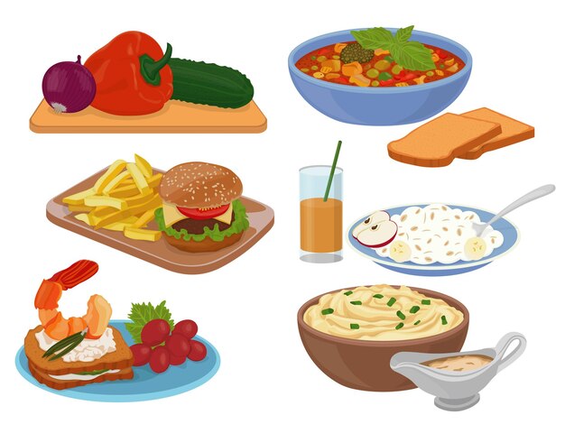 Set of six color images of tasty food dishes